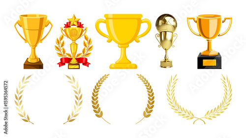 gold trophy cup. gold cup with laurel. gold cup with laurel wreath. Golden trophy displayed on a velvet podium under dramatic spotlight, symbolizing achievement and excellence.