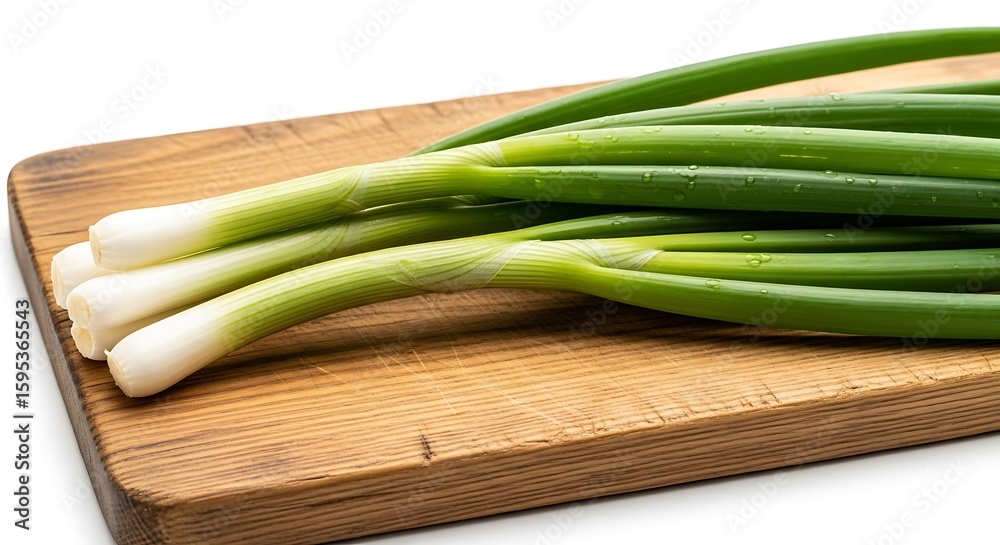 Fototapeta premium Fresh green onions on a wooden cutting board providing a culinary presentation