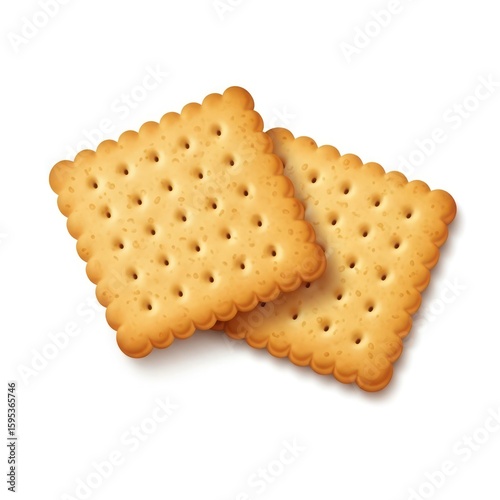 Two golden-brown square crackers are slightly overlapping, isolated on white.