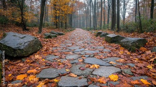 Stone pathway with autumn leaves scattered in a serene forest, creating a picturesque seasonal landscape scene.