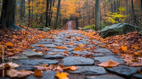 Stone pathway with autumn leaves scattered in a serene forest, creating a picturesque seasonal landscape scene.
