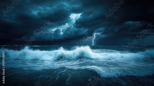 Stormy Sea with Lightning Strikes Dramatic Ocean Waves Under a Dark Sky During a Thunderstorm