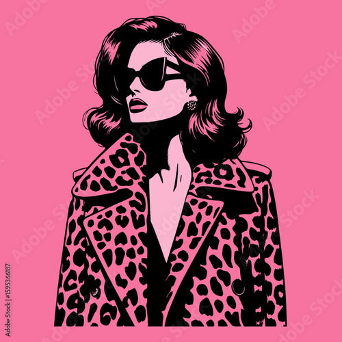 Stylish woman posing in leopard print coat against pink pop art background