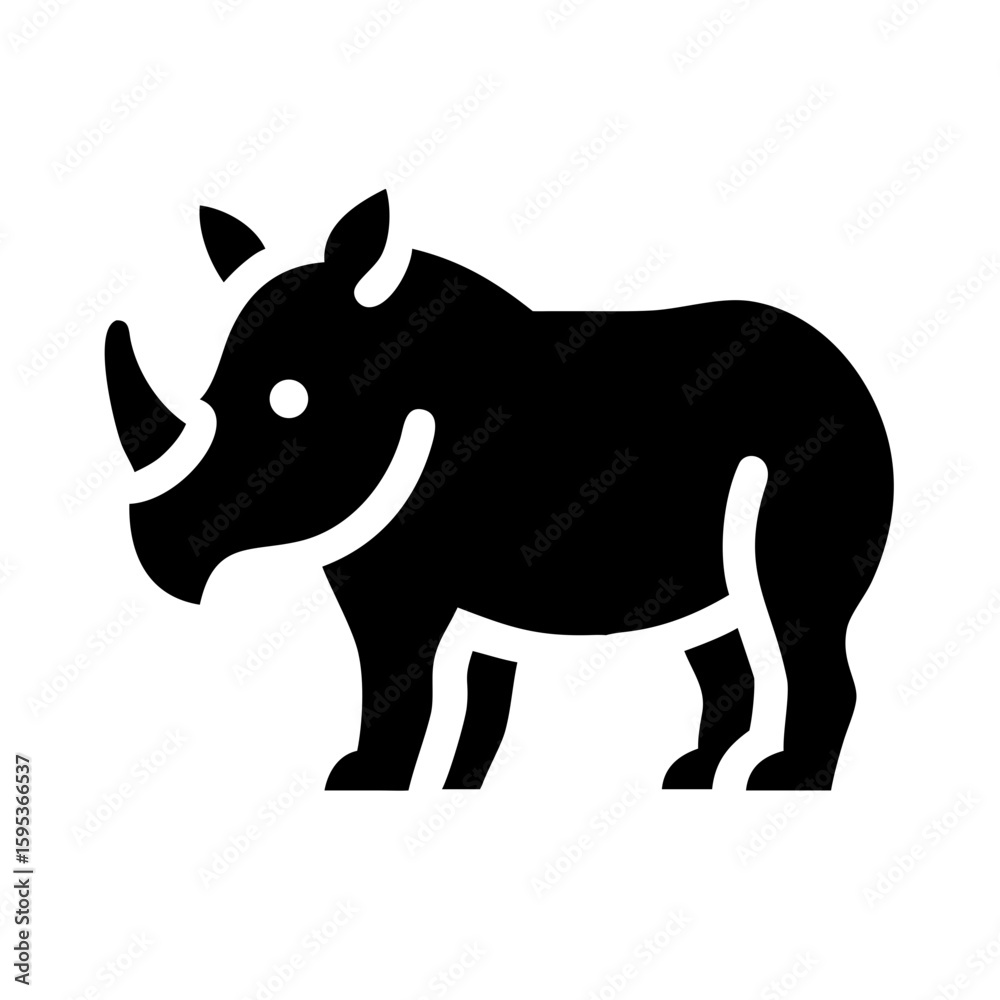 Fototapeta premium Iconic rhinoceros standing, graphic animal representation; simple black silhouette of wildlife, representing nature and conservation with bold lines.