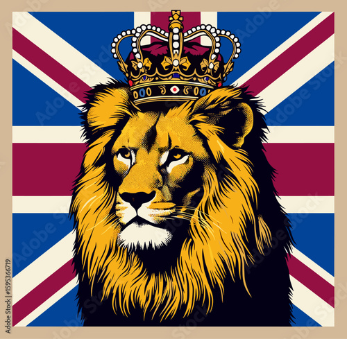 Lion in pop art style wearing golden crown with royal colors, British royal symbolism
