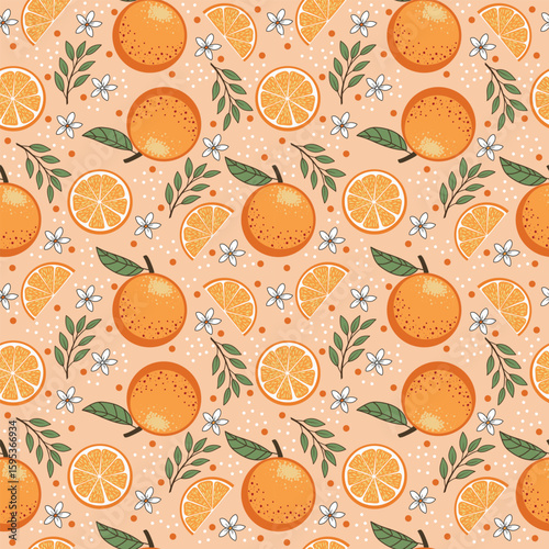 Slices and whole of oranges with Flowers, Leaves background.