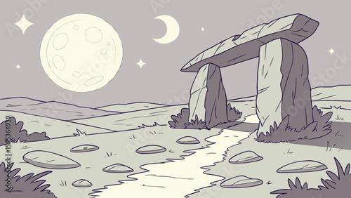 Stonehenge landscape illustration with moon and stars, ancient monument travel and tourism drawing art