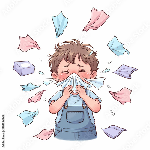 Cute Cartoon Boy with Sniffles and Flying Tissues