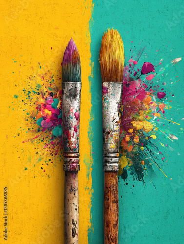Two Paintbrushes Exhibiting Colorful Splashes on Vibrant Yellow and Teal Background