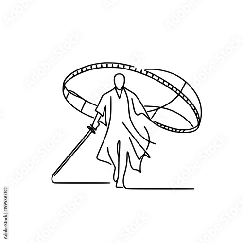 Man in flowing robe walking with a large film reel umbrella - Concept of single line outline vector  
