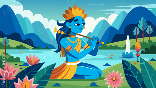 Krishna Playing Flute Near River With Lotus