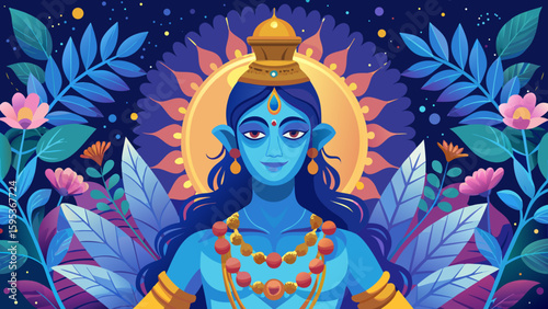 Krishna With Glowing Aura And Floral Decor