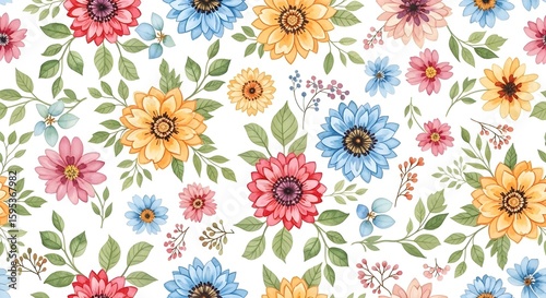 Wallpaper Mural Bright Watercolor Floral Pattern with Delicate Leaves, Seamless Design	 Torontodigital.ca