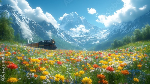 Wildflower meadow spreads across mountain landscape images