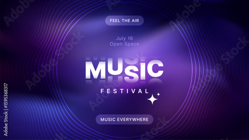 Text "music festival" on a vibrant purple background with undulating lines. Electronic music event poster design for concert promotion.