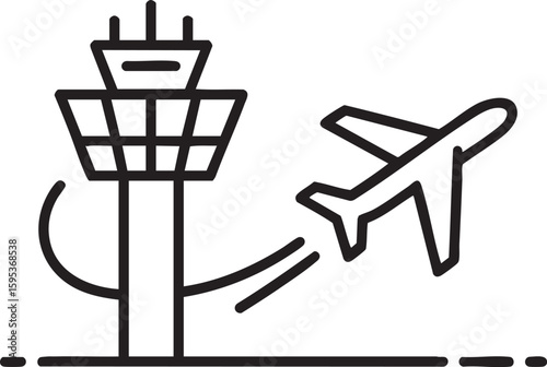 Airport Control Tower and Airplane Icon: Symbolizing Air Travel, Aviation, and Transportation for Airport Services, Flight Operations, and Travel Industry