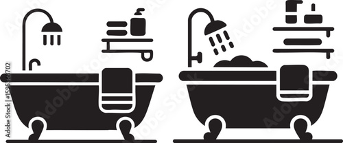 Bathtub Icon Set: Depicting Relaxation, Hygiene, and Bathroom Fixtures for Interior Design, Home Improvement, and Personal Care Products with Cleanliness