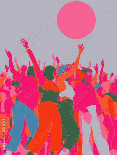 Vibrant Dancing Crowd Silhouette – Colorful Party Celebration Illustration
