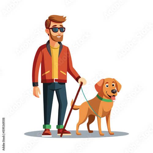 Blind man walking with his guise dog