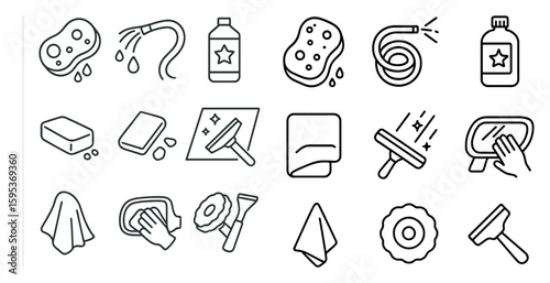 Set of cleaning tools and supplies, including a sponge, a bottle, and a cloth. Concept of cleanliness and organization