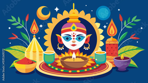 Puja Thali With Krishna Elements And Diya