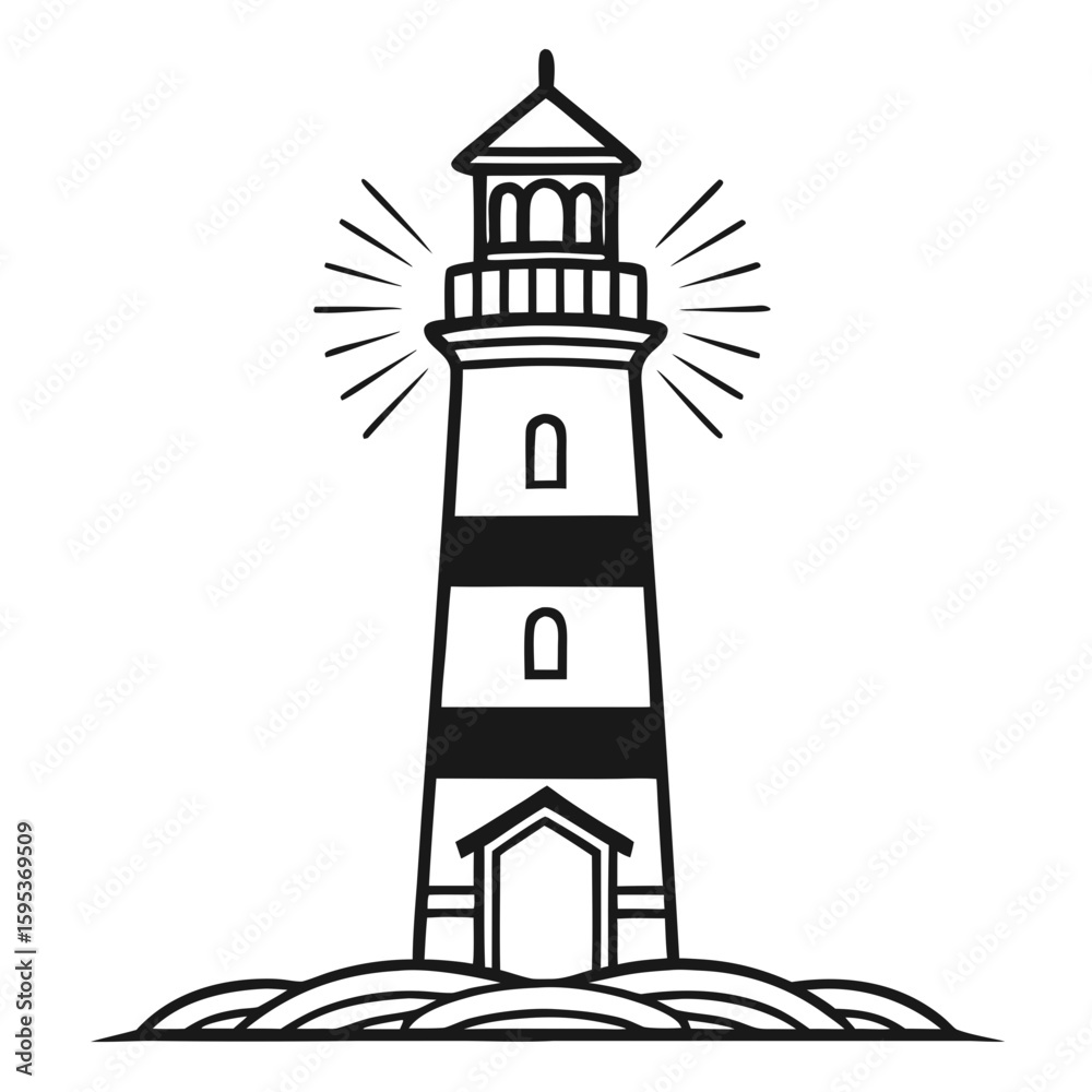 Black and white lighthouse illustration with light beams and waves Black and white lighthouse illustration with light beams and waves