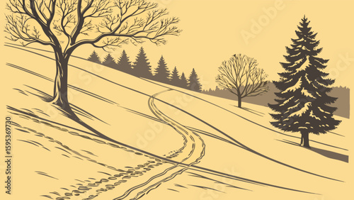Winter landscape with trees and tracks in the snow on a hillside in a vintage style drawing art