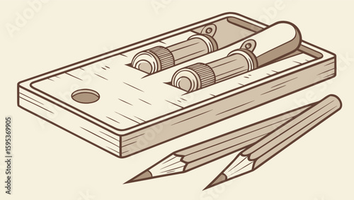 Illustration of a wooden pencil box with pencils and sharpeners on a light background color