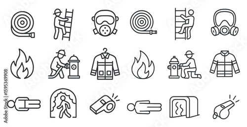 Series of icons depicting various firefighting and rescue equipment. The icons include a fire hydrant, a fireman, a fire truck, a ladder, a fire hose, a fire extinguisher, a fireman's hat