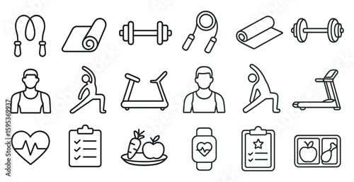 Collection of fitness icons including a heart, a plate of food, a watch, and a jump rope