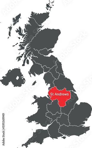 map showing the highlighted region of St Andrews in the United Kingdom. This vector image illustrates UK geography with clear boundaries, emphasizing St Andrews for educational and reference use