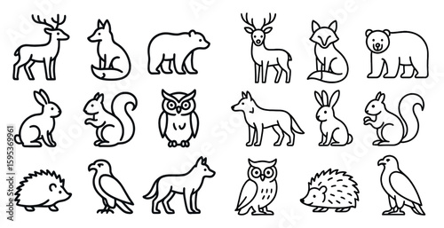 Collection of animals in black and white, including deer, bears, and rabbits. The animals are drawn in a stylized way, with some looking more like cartoon characters than real animals