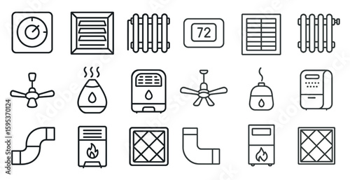 Series of icons for home appliances and fixtures, including a thermostat, a fan, and a water heater