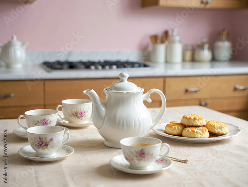 Wallpaper Mural A white porcelain tea set with floral cups and cookies in a kitchen Torontodigital.ca