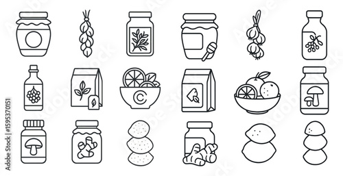 Collection of jars and bowls with various fruits and herbs. The jars and bowls are arranged in a way that suggests a kitchen or a pantry. The fruits and herbs include oranges, lemons, and mushrooms