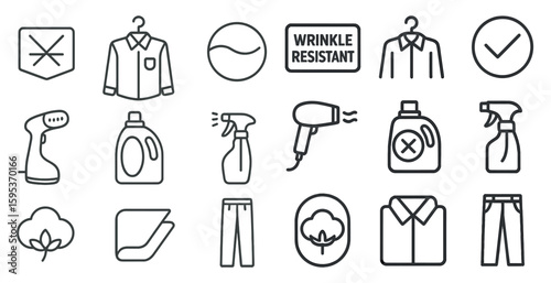 The image is a collection of various icons related to laundry and clothing care. The icons include a washing machine, dryer, iron, spray bottle, and a clock. Scene is that of a busy laundry room