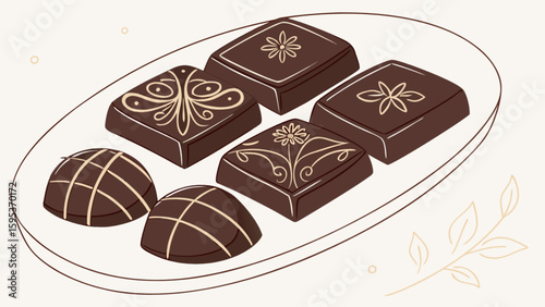 Assortment of decorated chocolates on a plate with floral accents and round truffle chocolates laid out nicely