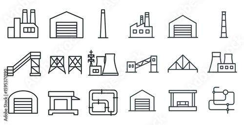 Series of industrial buildings are shown in a black and white drawing. The buildings include a warehouse, a factory, a power plant, and a gas station. Scene is one of industrialization and progress