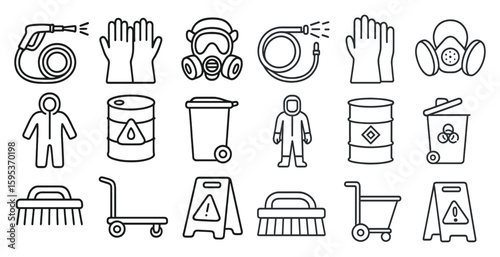 Set of safety symbols and signs, including a person in a hazmat suit, a fire extinguisher, and a trash can