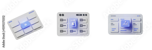 Modern dashboard ui elements with analytics graph and bell notification icons on transparent background representing data monitoring and alerts system