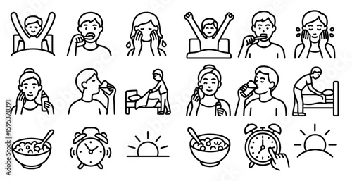 Series of images depicting various daily activities, such as brushing teeth, eating breakfast, and going to bed