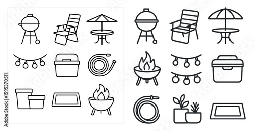 The image is a collection of various outdoor items, including a grill, chairs, umbrellas, and a fire pit. Scene is that of a fun and relaxing outdoor gathering