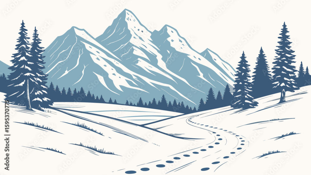 Fototapeta premium A winter landscape with snow covered mountains and evergreen trees along a winding path in the snow