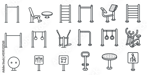 Series of fitness equipment and signs are shown in a black and white style. The signs include a "No Smoking" sign, a "No Parking" sign, and a "No Dogs" sign