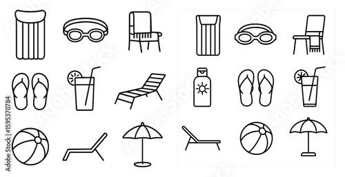 The image is of various beach items such as chairs, umbrellas, and beach balls. Scene is relaxed and fun, as it is a typical scene at the beach