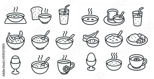 Collection of various food items and utensils, such as a spoon, a cup, a bowl, and a fork. Concept of a mealtime setting, with the different items arranged in a visually appealing manner