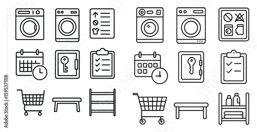 Set of icons for a laundry room. The icons include a washing machine, dryer, calendar, shopping cart, and a key