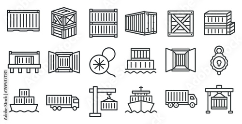 Set of shipping containers and other cargo-related icons. The icons include a ship, a crane, a truck, and a container. Scene is that of a busy port or shipping yard
