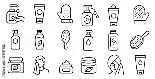 Collection of various beauty products and accessories, including a bottle of lotion, a bottle of shampoo, a bottle of conditioner, a bottle of soap, a bottle of lotion, a bottle of shampoo, a bottle