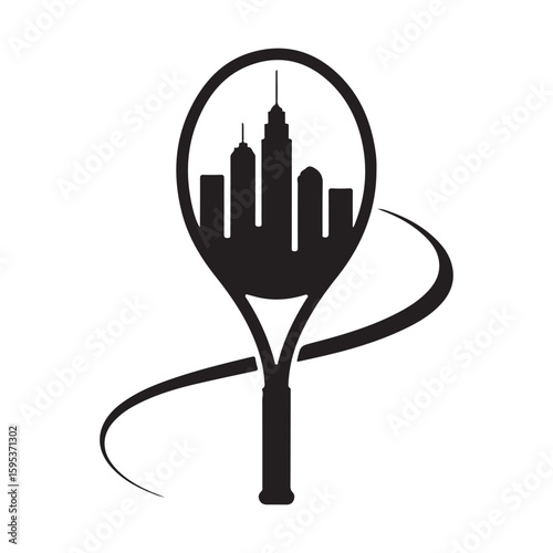 A black and white logo of a tennis racket with a city skyline inside and a swoosh design around it